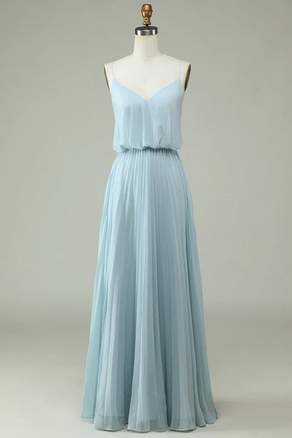 Chiffon thin shoulder strap sky blue long bridesmaid dress