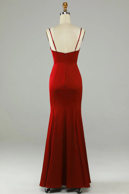 Fish tail thin shoulder strap wine red slit long bridesmaid dress