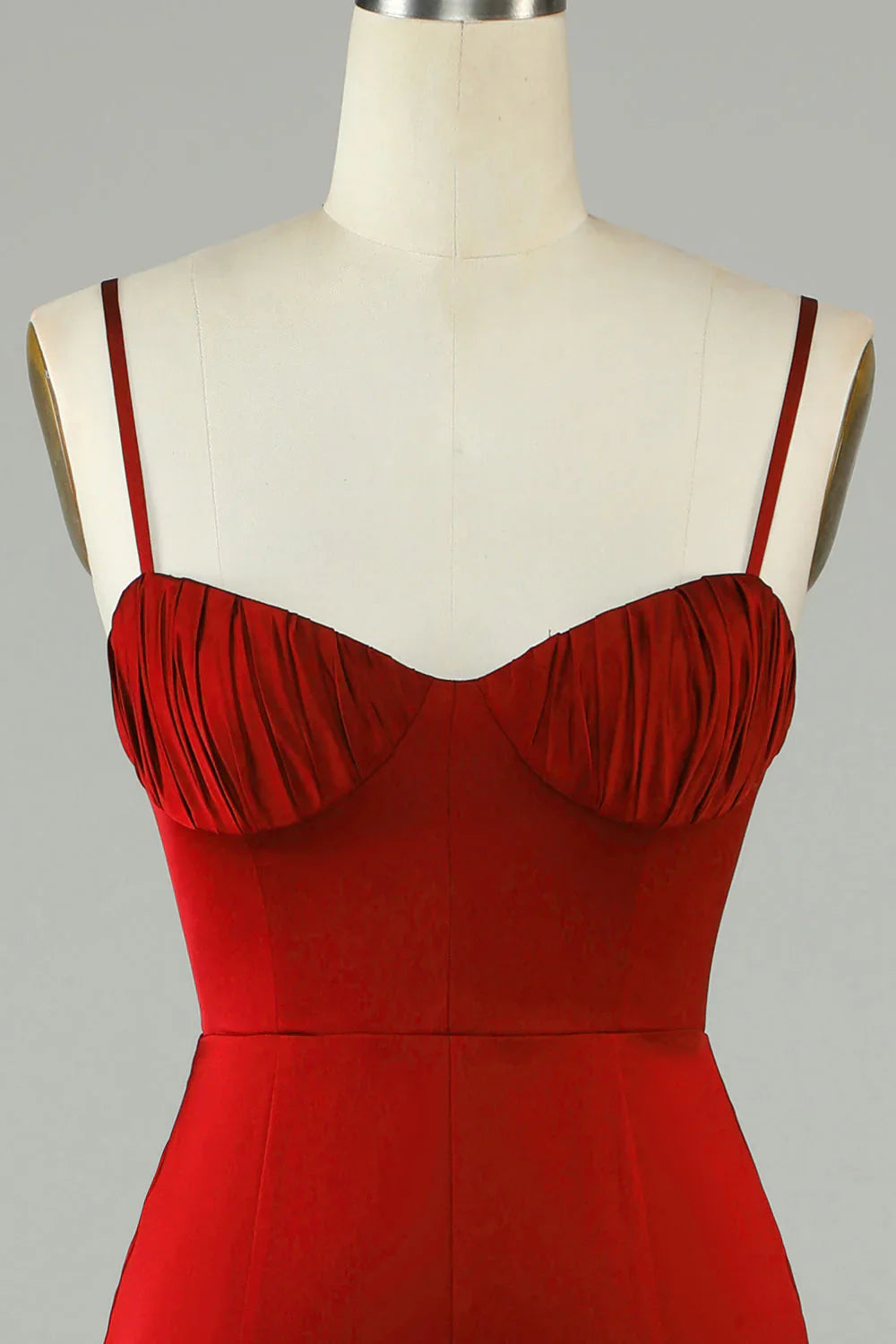 Fish tail thin shoulder strap wine red slit long bridesmaid dress