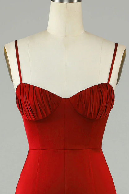 Fish tail thin shoulder strap wine red slit long bridesmaid dress