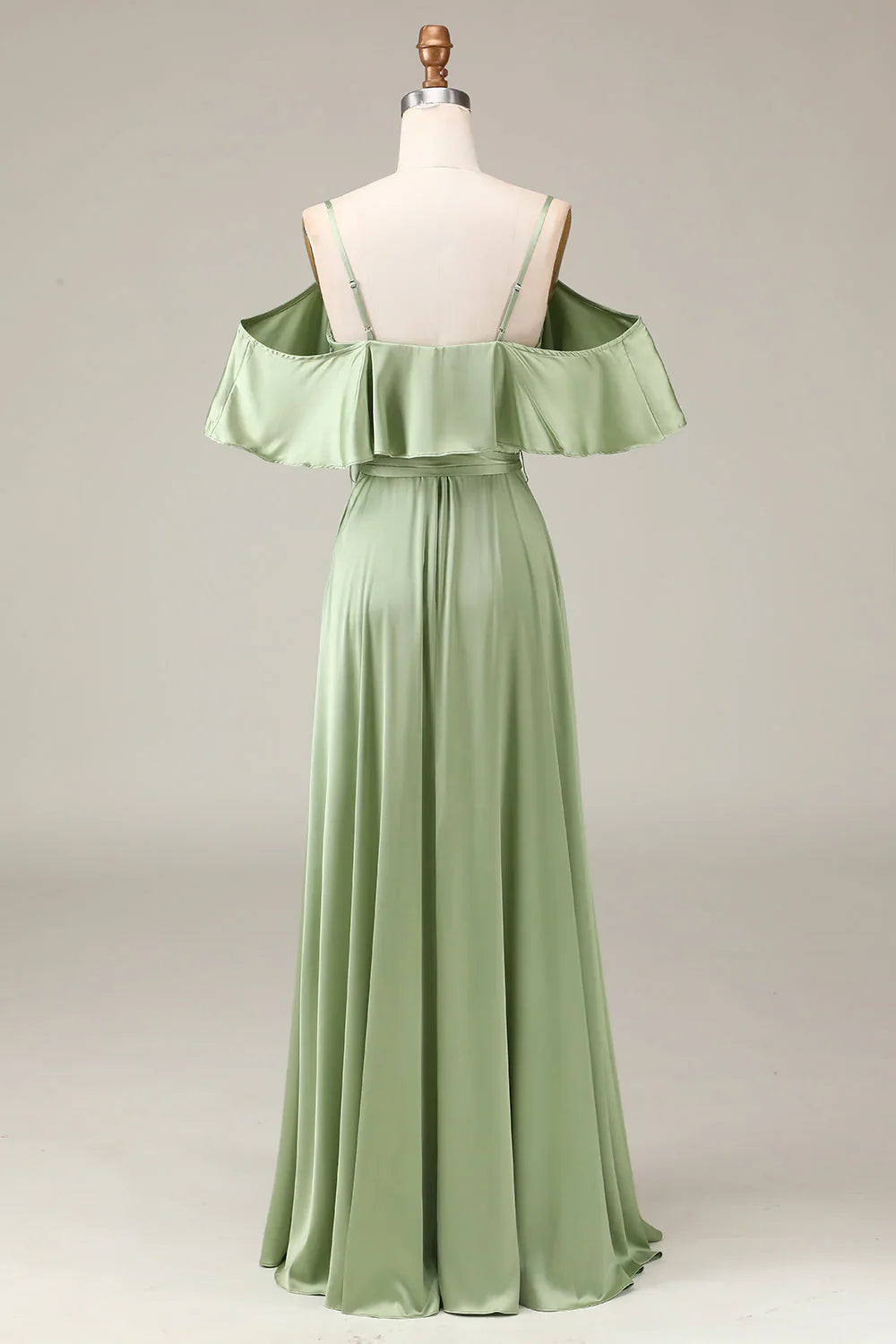 Matcha thin shoulder strap off shoulder A-line satin bridesmaid dress