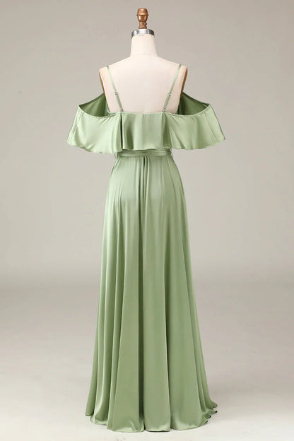 Matcha thin shoulder strap off shoulder A-line satin bridesmaid dress