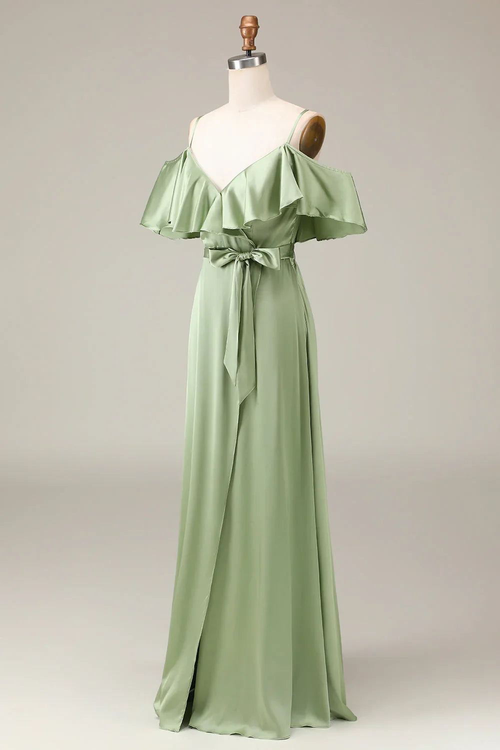 Matcha thin shoulder strap off shoulder A-line satin bridesmaid dress