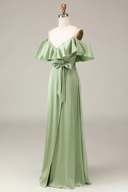 Matcha thin shoulder strap off shoulder A-line satin bridesmaid dress