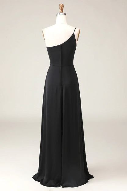 Black A-line Chiffon Shoulder to Floor Bridesmaid Dress