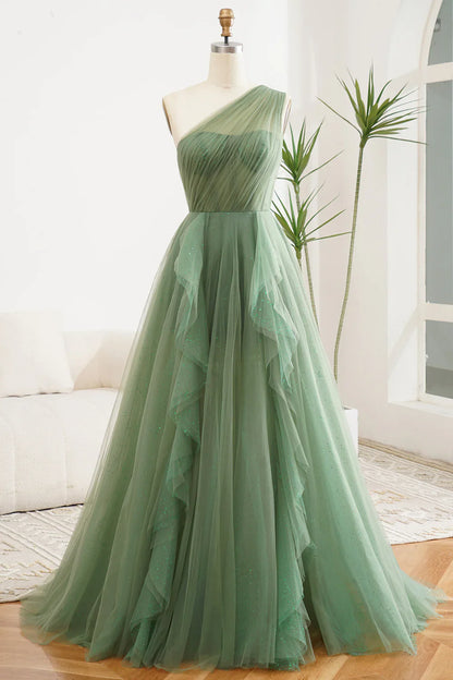 A Line Navy Blue One Shoulder Chiffon Long Ball Dress