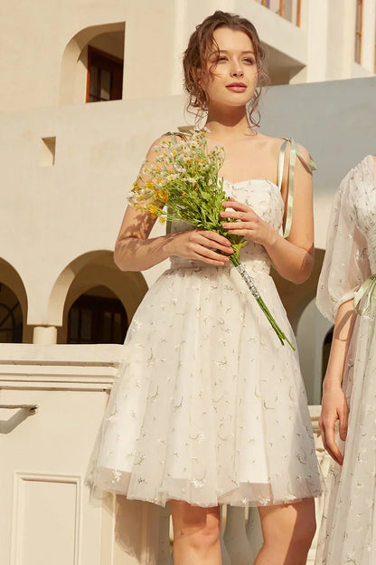Stylish Spaghetti Straps White Floral Design A-line Spaghetti Strap Homecoming Dress HZ1024