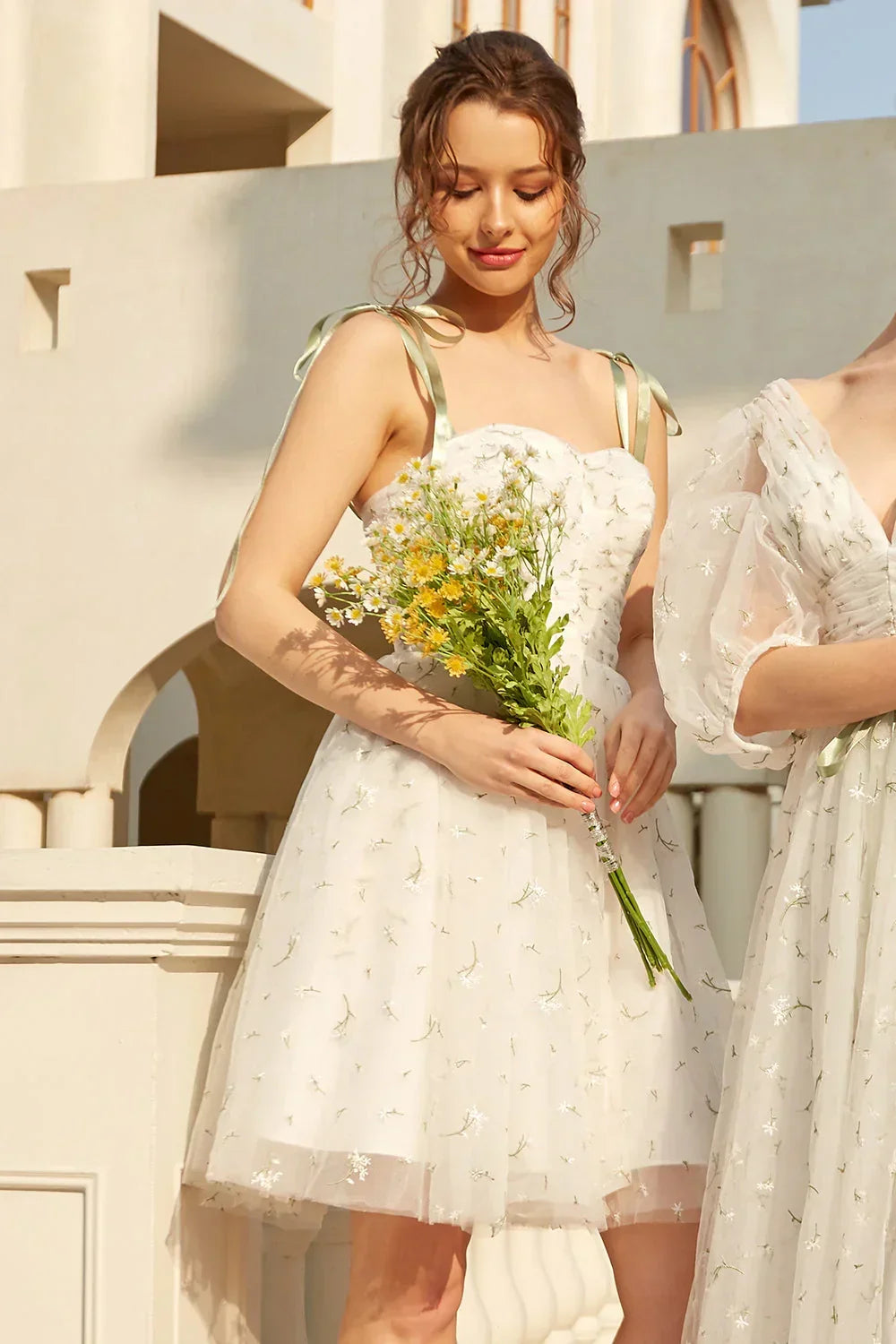 Stylish Spaghetti Straps White Floral Design A-line Spaghetti Strap Homecoming Dress HZ1024