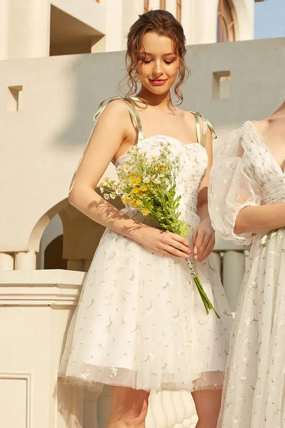 Stylish Spaghetti Straps White Floral Design A-line Spaghetti Strap Homecoming Dress HZ1024