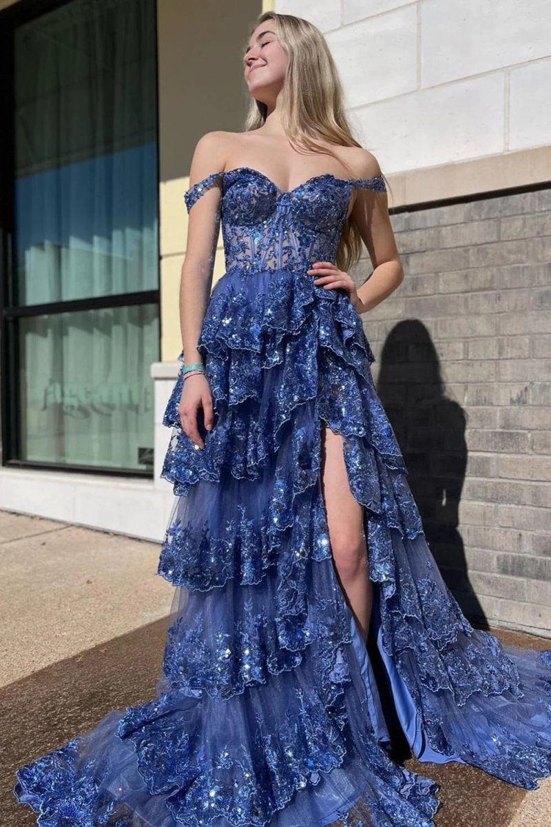 Princess A Line Off the Shoulder Corset Prom Dress with Lace Ruffles