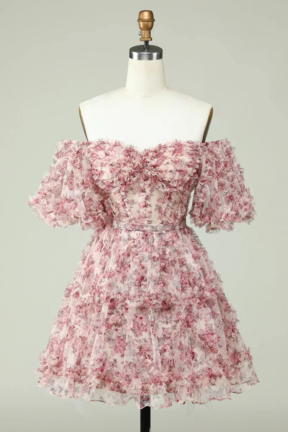 Fashion Off-the-shoulder Floral Design A-line Tiered Homecoming Dress HZ1024