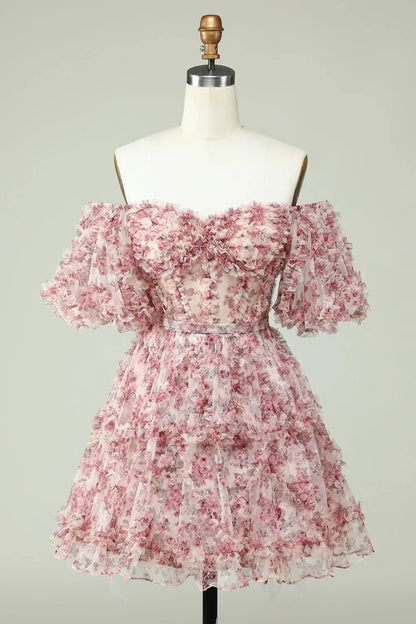 Fashion Off-the-shoulder Floral Design A-line Tiered Homecoming Dress HZ1024