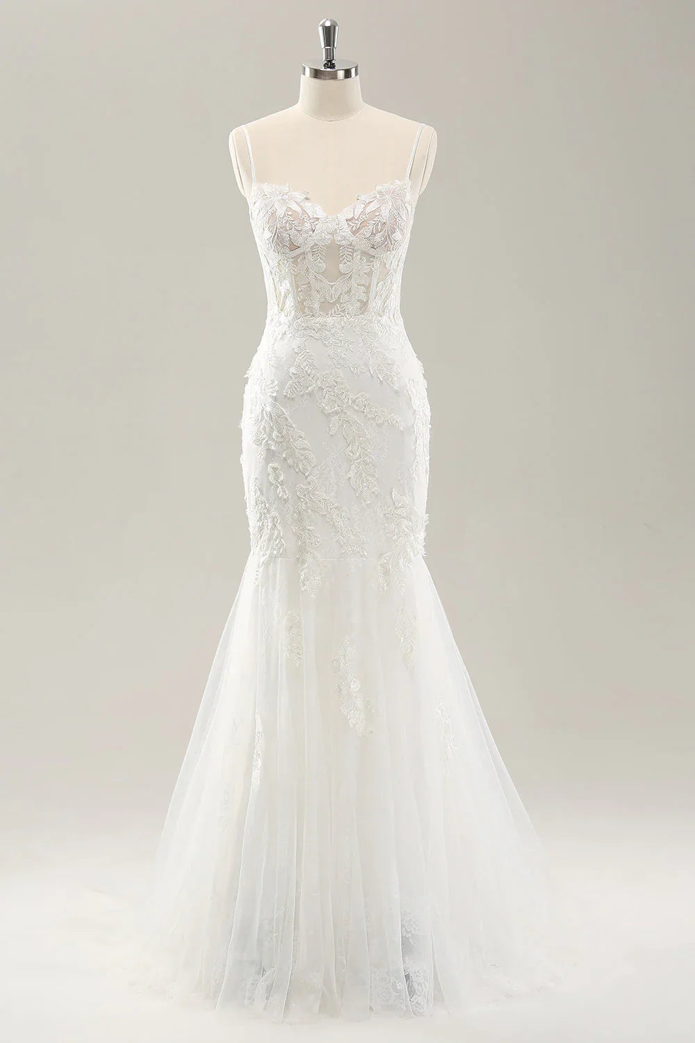 Floral lace white fishtail corset sheer wedding dress