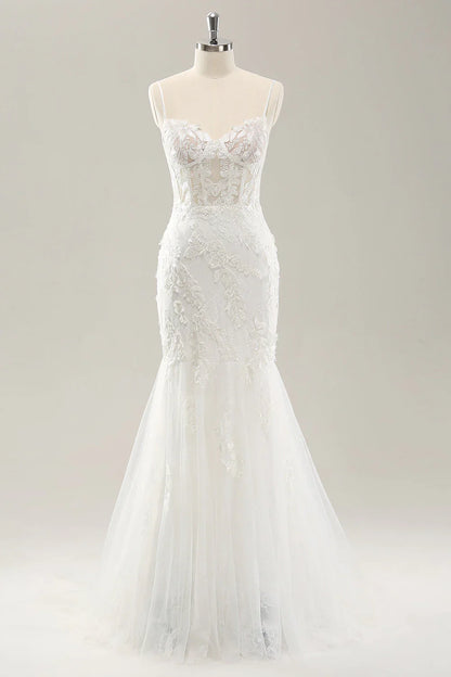 Floral lace white fishtail corset sheer wedding dress