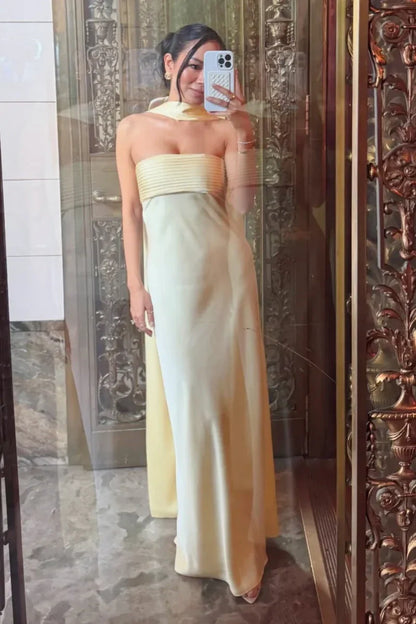 Yellow Satin Fitted Strapless Maxi Party Prom Dress Long
