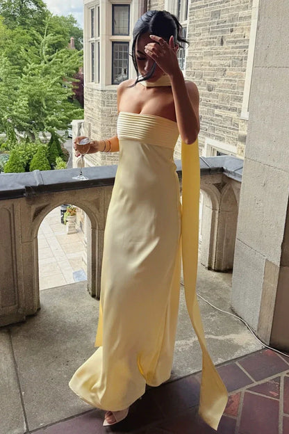 Yellow Satin Fitted Strapless Maxi Party Prom Dress Long