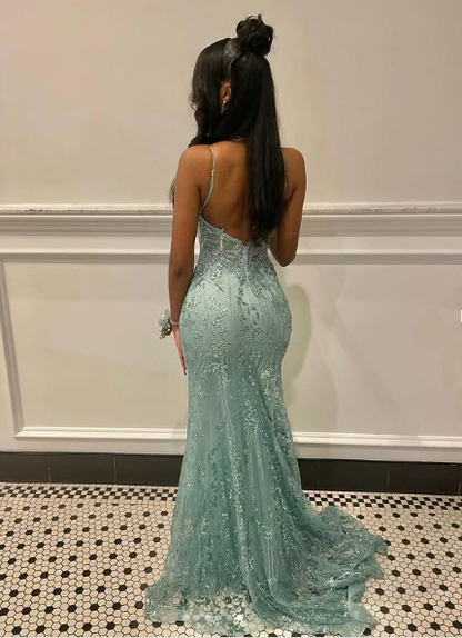Charming Spaghetti Straps Tulle Lace Mermiad Prom Dress Blue V Neck Prom Evening Gown cc2445