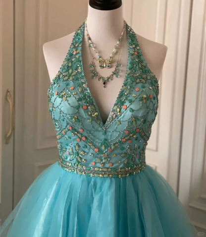 Vintage Blue Halter Tulle Beaded A Line Short Party Dress Formal Homecoming Dress cc3174