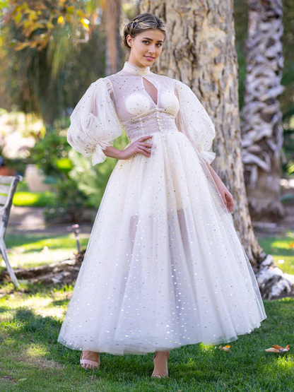 Aimishang Elegant Stand Collar with Ruffle Cuffs front Slit Prom Dress