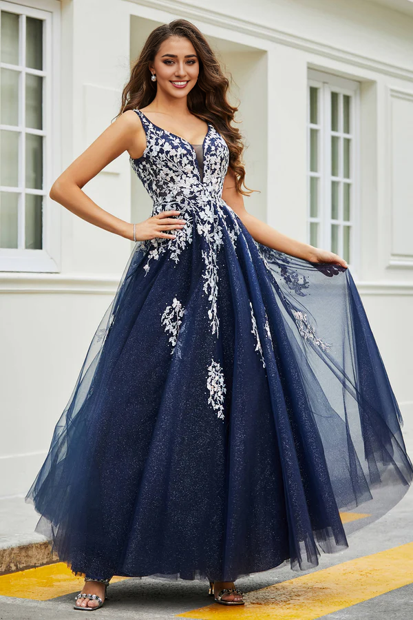 Aimishang Elegant Evening Dress A-Line Prom Dresses Applique Tulle Long Gown
