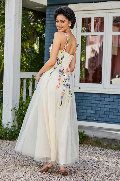 Aimishang Elegant Prom Dresses Tea Length Flower Top Ruched Tulle Gown Evening Dress
