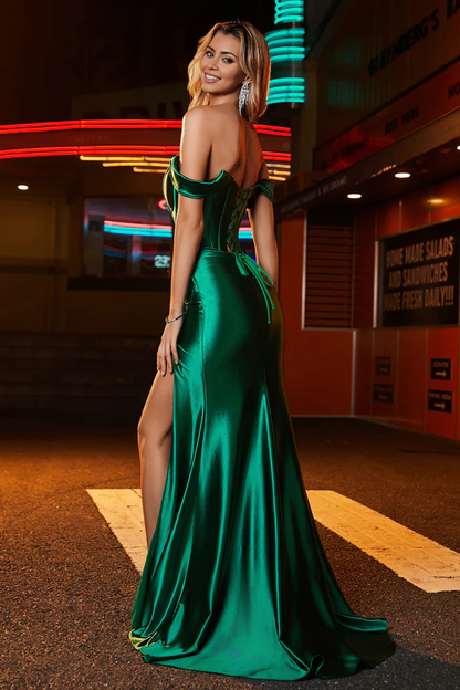 Aimishang Elegant Prom Dresses Off Shoulder Pleated Sweep Train Gown With Slit Evening Dress