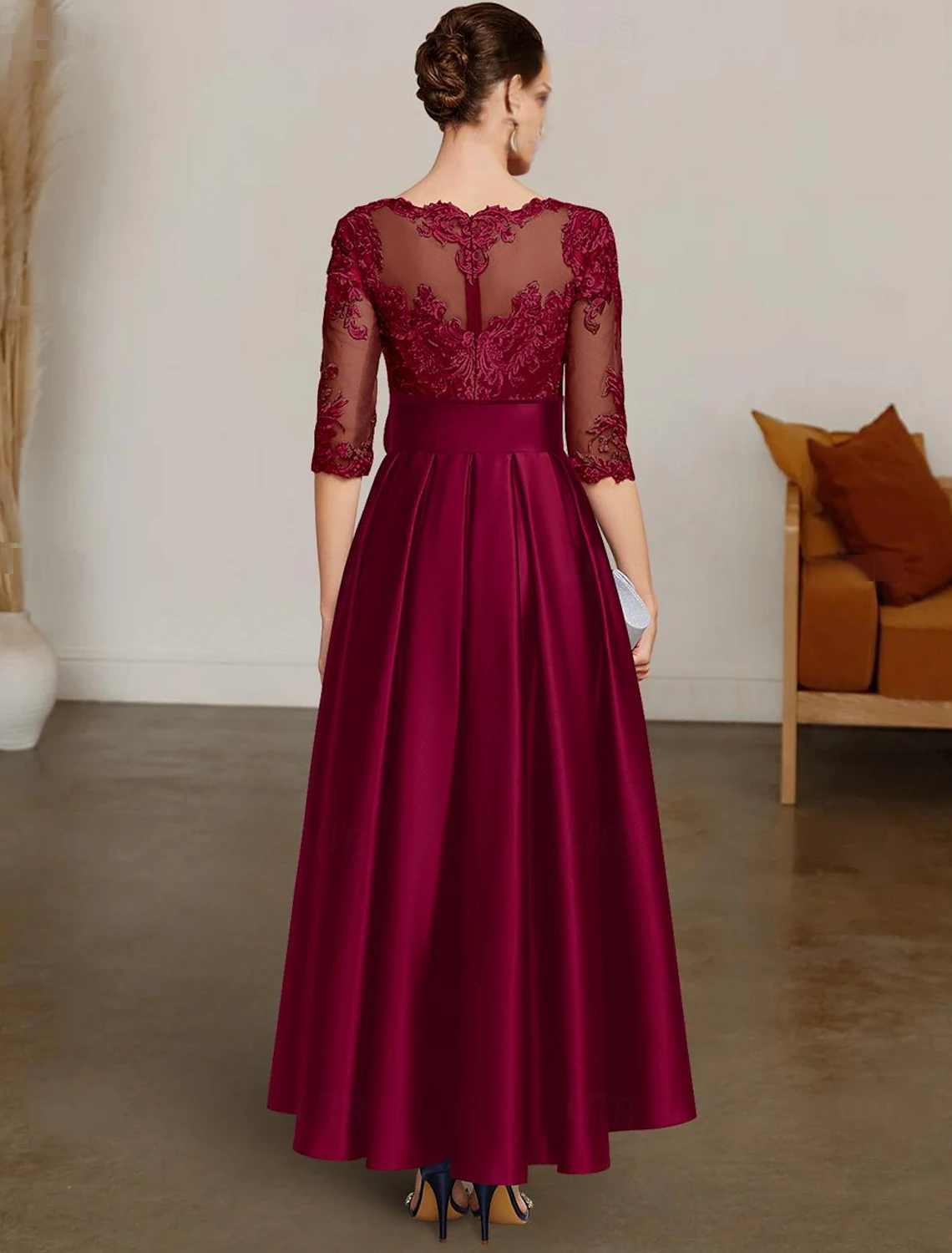 Aimishang A-Line Chrismas Dress Mother of the Bride Dress Formal Wedding Guest Elegant High Low Bateau Neck Asymmetrical Satin Lace 3/4 Length Sleeve with Lace Sash / Ribbon