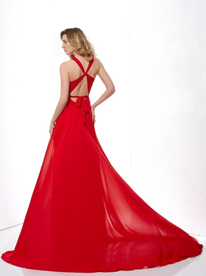Aimishang Dresses Evening Wear Prom Dresses Gown A-Line/Princess Halter Sleeveless Long Chiffon Dresses