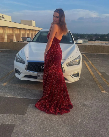 Aimishang Elegant Formal Dresses Strapless Red Sequin Formal Dresses Mermaid Sparkly Prom Dress