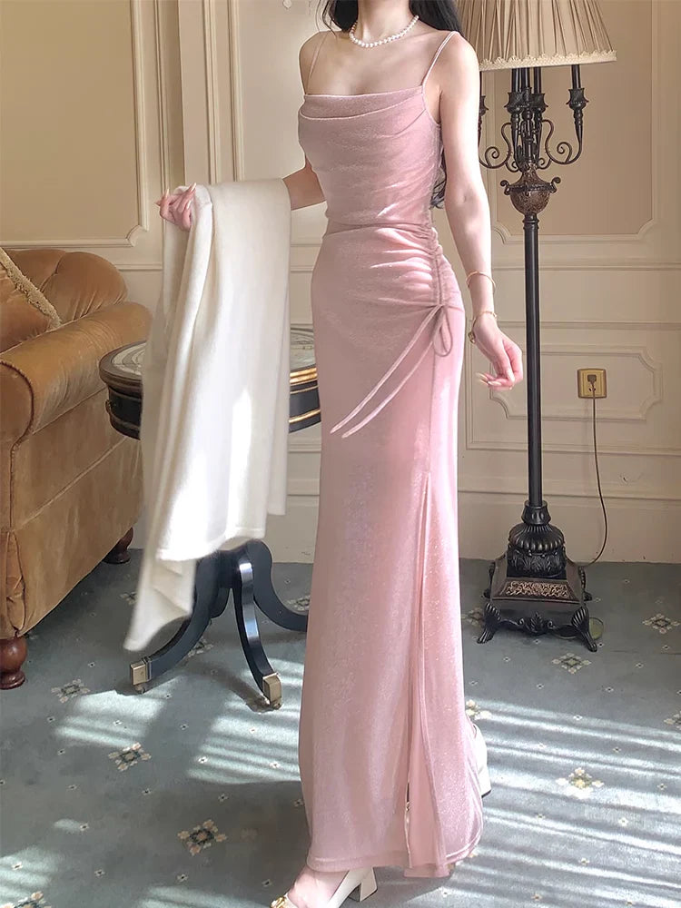 Aimishang Elegant Formal Women's Dresses Spaghetti Straps Pink Sparkling Long Prom Dress Formal Party Gown