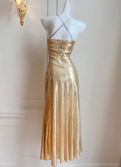 Aimishang Elegant Dresses Gowns Evening Dresses Spaghetti Straps Gold Sequin Long Prom Dress Evening Party Gown