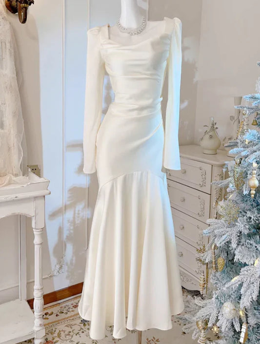 Aimishang Elegant Formal Dresses Gowns Evening Dresses Mermaid Ivory Long Prom Dress Long Sleeves Wedding Gown