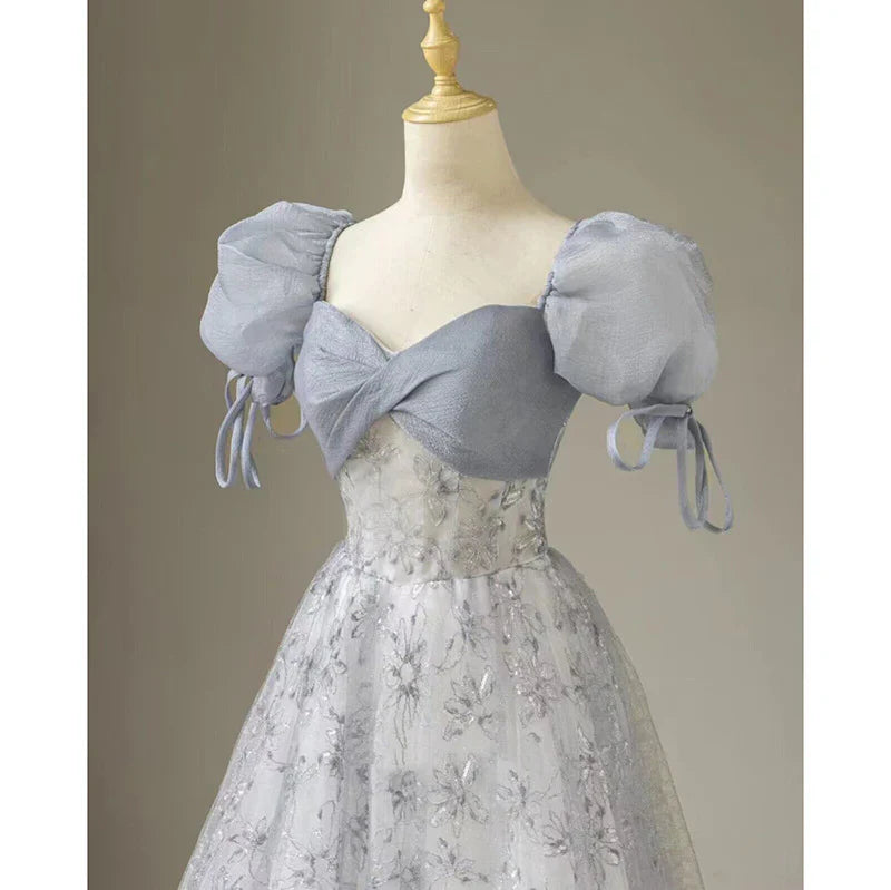 Aimishang Elegant Formal Women's Dresses Cute Floral Printed Long Prom Dress A Line Puff Sleeves Blue Party Gown