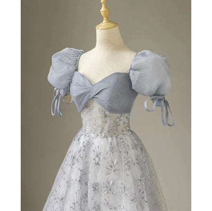 Aimishang Elegant Formal Women's Dresses Cute Floral Printed Long Prom Dress A Line Puff Sleeves Blue Party Gown