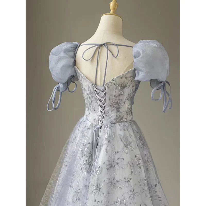Aimishang Elegant Formal Women's Dresses Cute Floral Printed Long Prom Dress A Line Puff Sleeves Blue Party Gown