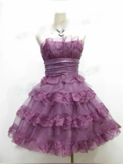 Aimishang Elegant Strapless Purple A Line Lace Prom Dress Vintage Formal Dress Evening Gown
