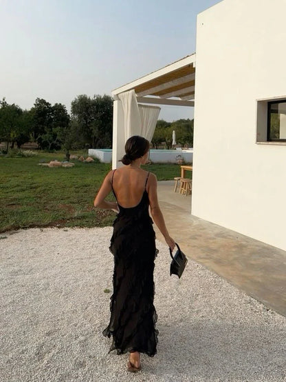 Aimishang Elegant Spaghetti Straps Black Sheath Ruffle Long Prom Dress Formal Evening Gown