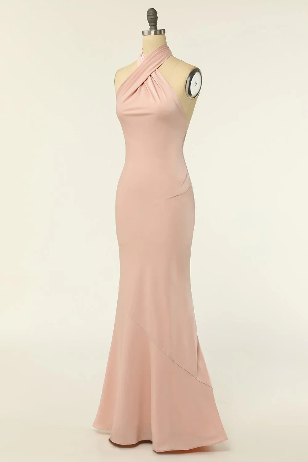Mermaid neck hanging powder blusher long backless bridesmaid dress
