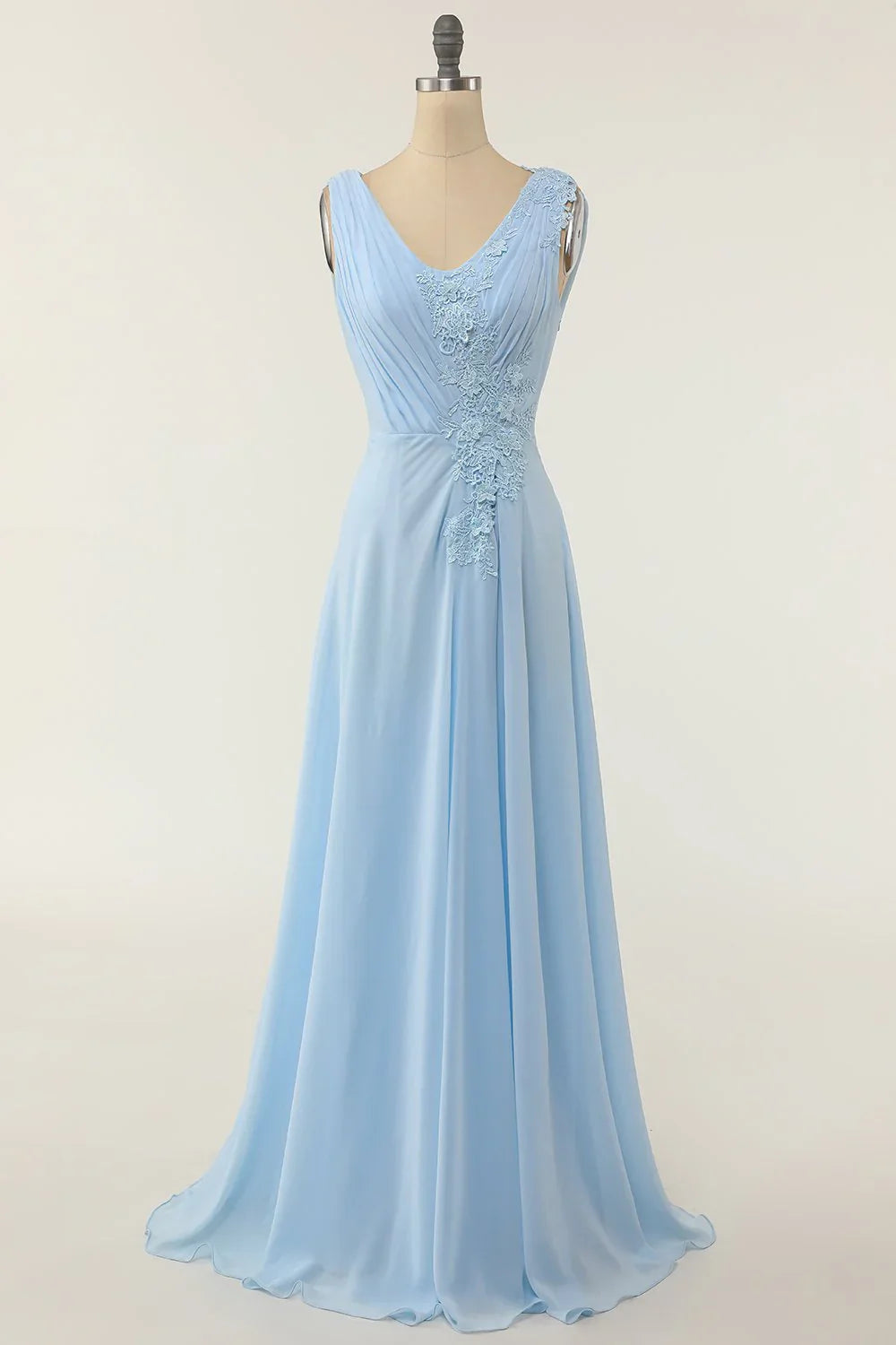 V-neck blue ruffled bridesmaid dress