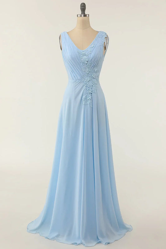 V-neck blue ruffled bridesmaid dress