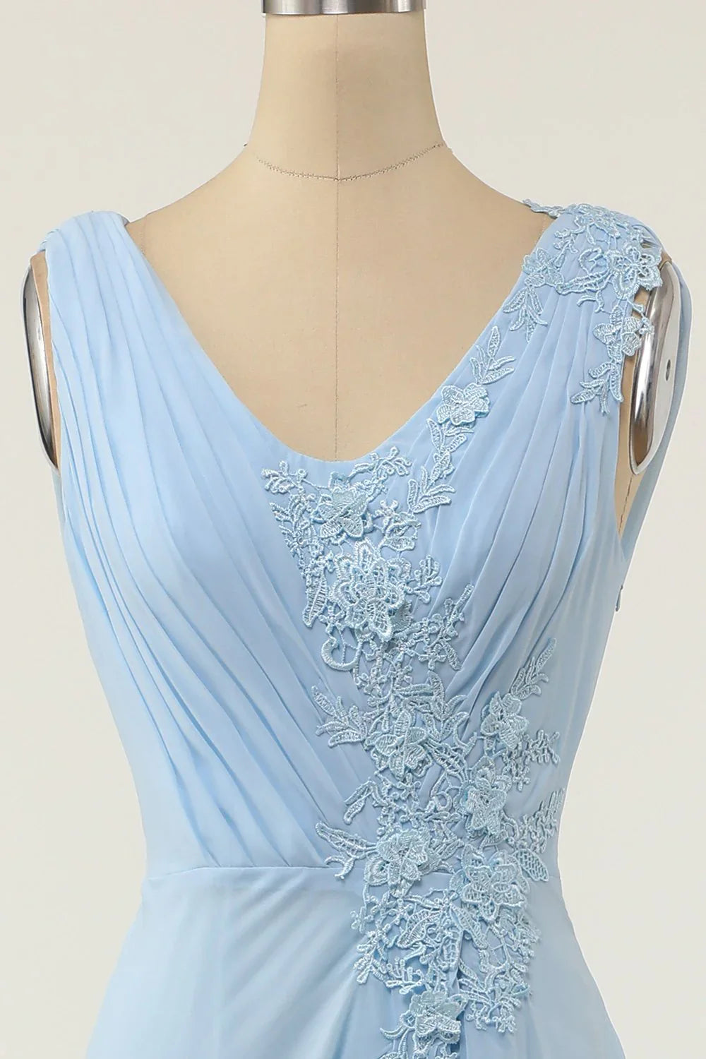 V-neck blue ruffled bridesmaid dress