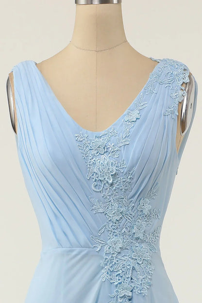 V-neck blue ruffled bridesmaid dress