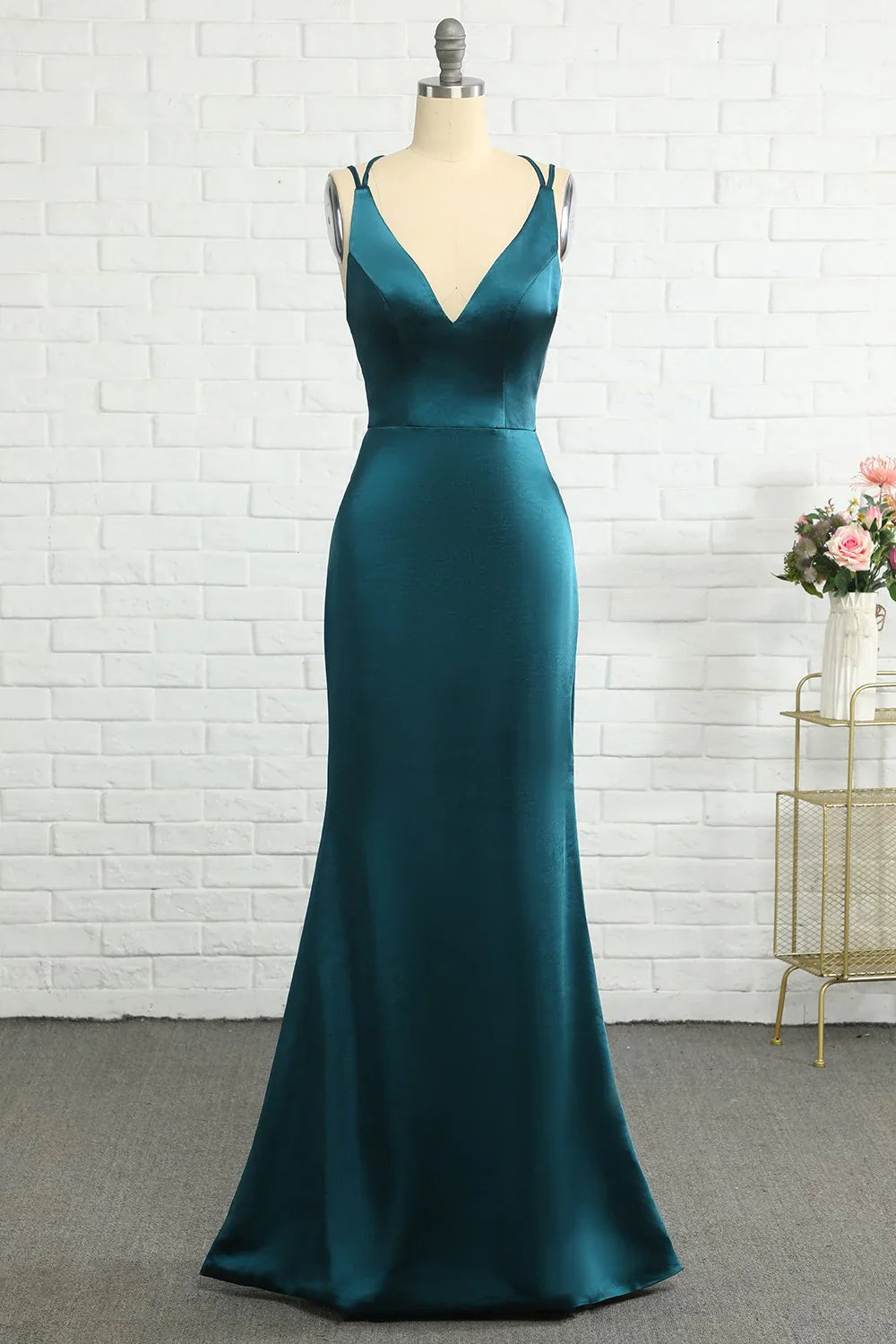 Peacock Blue Fish Tail Open Back Long Bridesmaid Dress