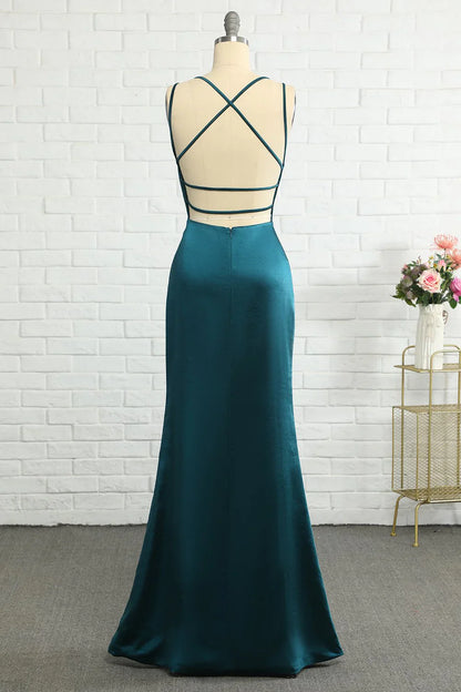 Peacock Blue Fish Tail Open Back Long Bridesmaid Dress