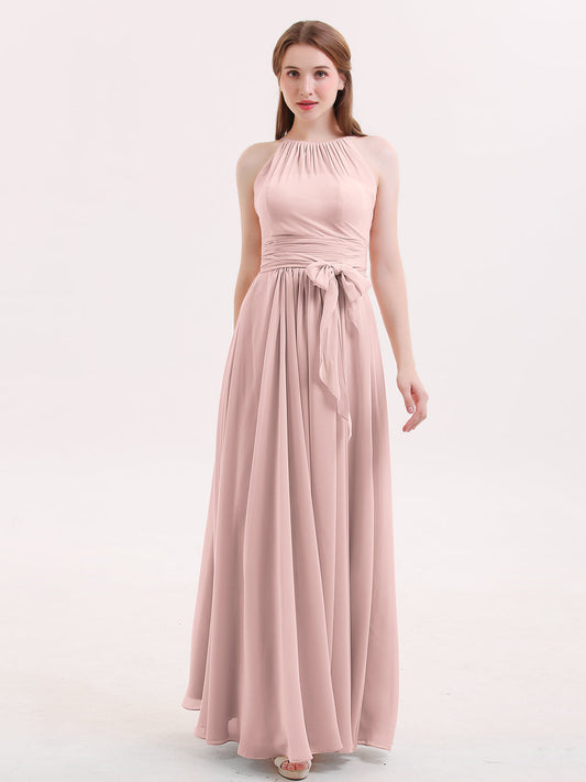 Halter Chiffon Bridesmaid Dresses with Bow Sash-Dusty Rose