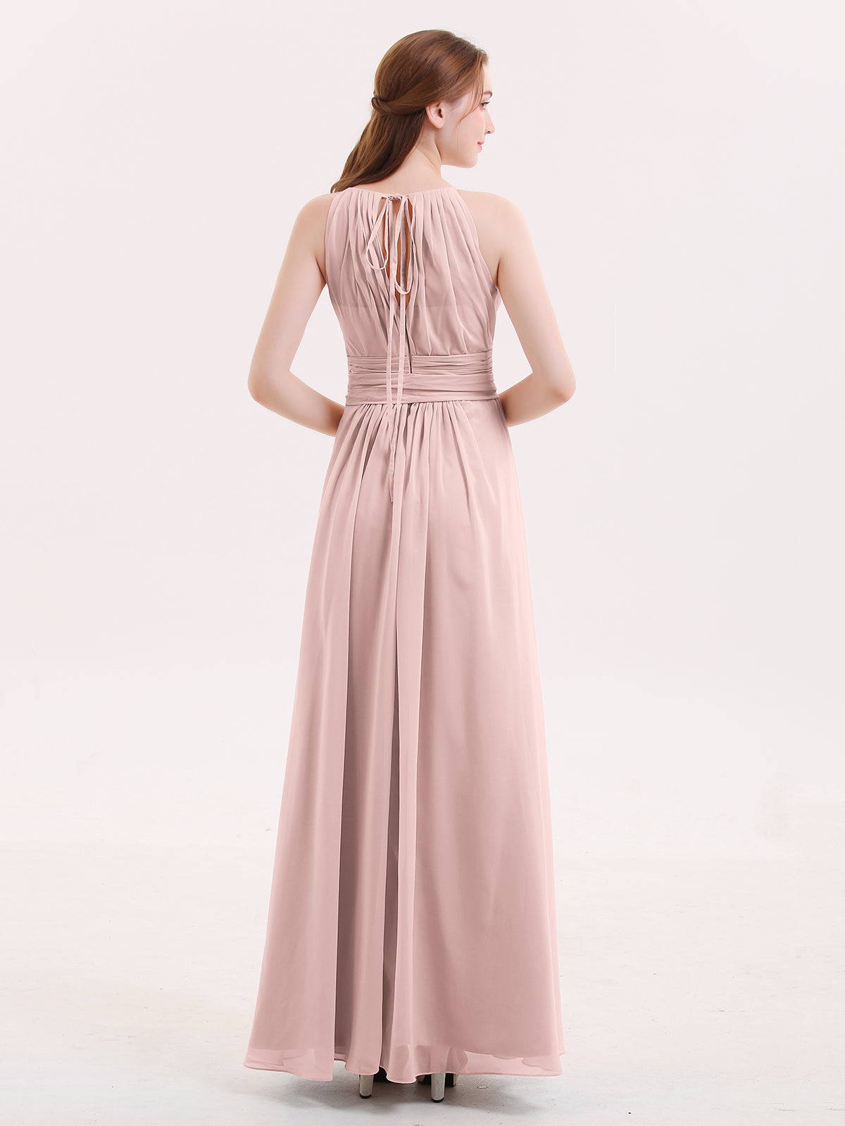 Halter Chiffon Bridesmaid Dresses with Bow Sash-Dusty Rose