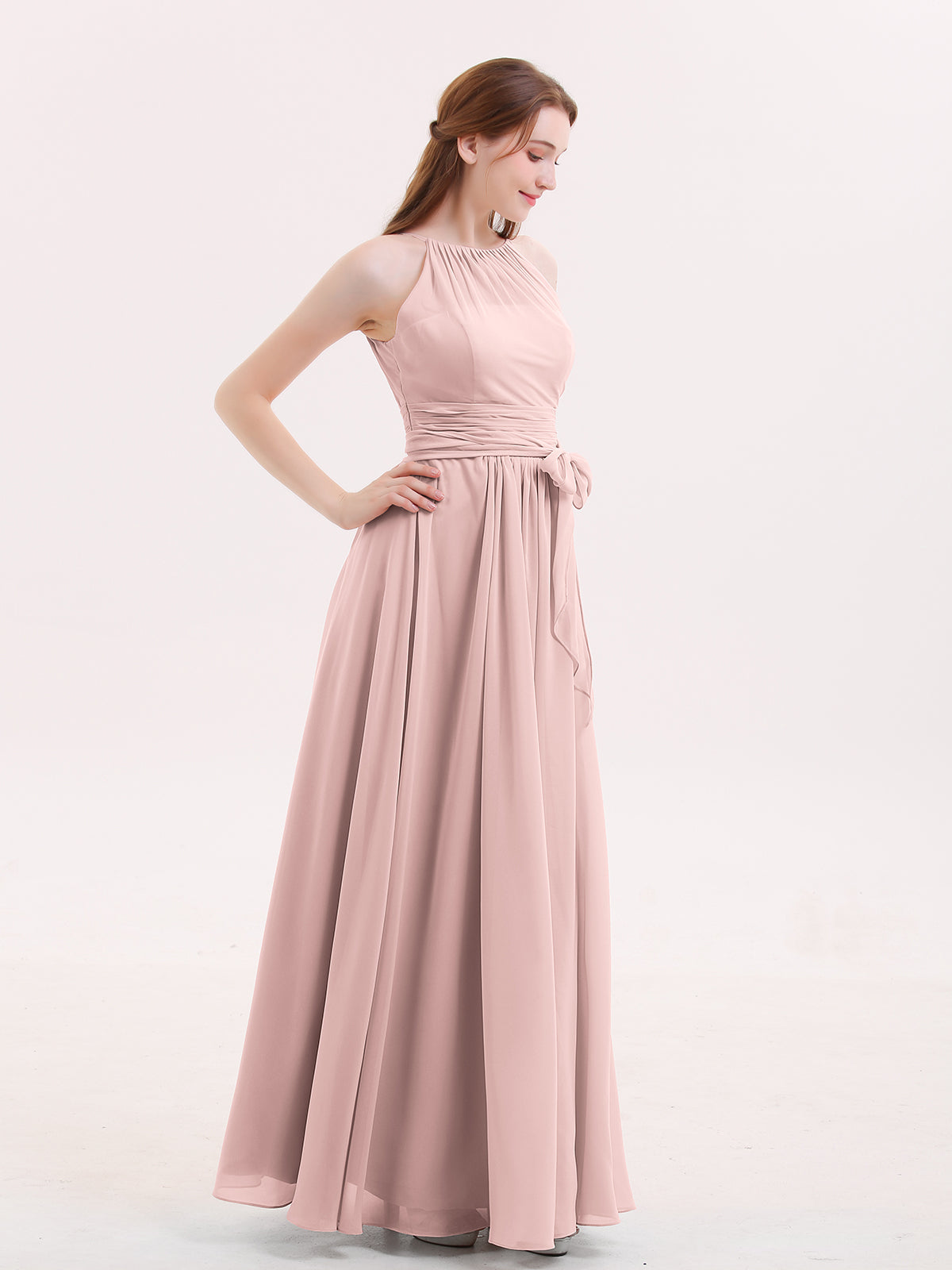 Halter Chiffon Bridesmaid Dresses with Bow Sash-Dusty Rose