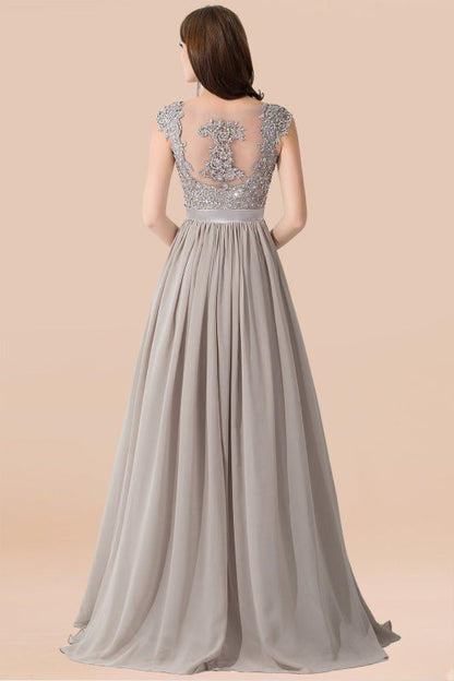 A-line Chiffon Formal Dress Silver Lace Appliques Evening Dress