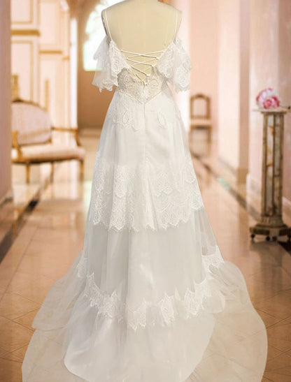 Deep V Neck A Line Boho Wedding Dresses Lace Short Sleeve Bridal Gown With Sweep Train