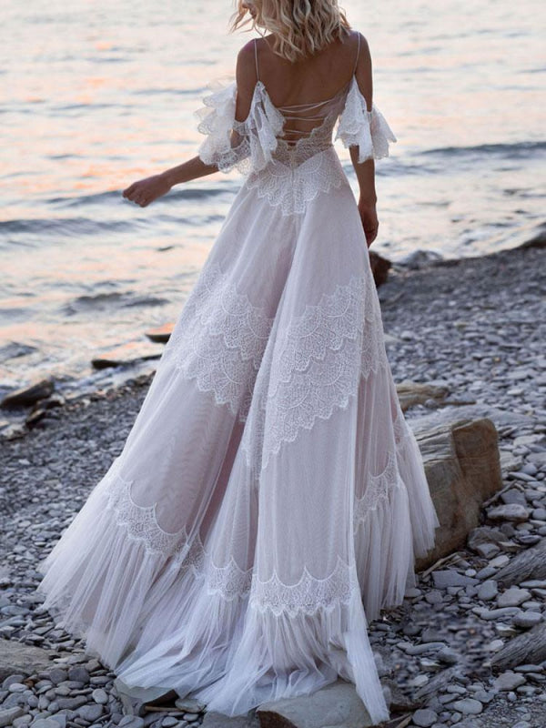 Deep V Neck A Line Boho Wedding Dresses Lace Short Sleeve Bridal Gown With Sweep Train